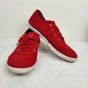 Bobs Skechers Memory Foam red canvas slip on lace sneakers gold trim preppy 8